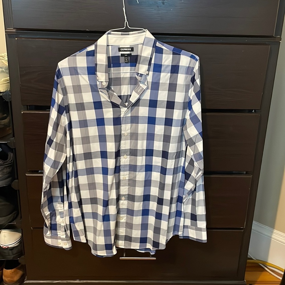 Mens Express Slim Fit Dress Shirt Blue and White